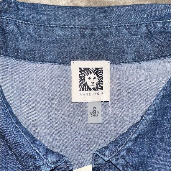 Anne Klein 12 Denim Blue Long Tab Roll up Sleeve Gold Tone Zip Front Dress - Picture 9 of 11